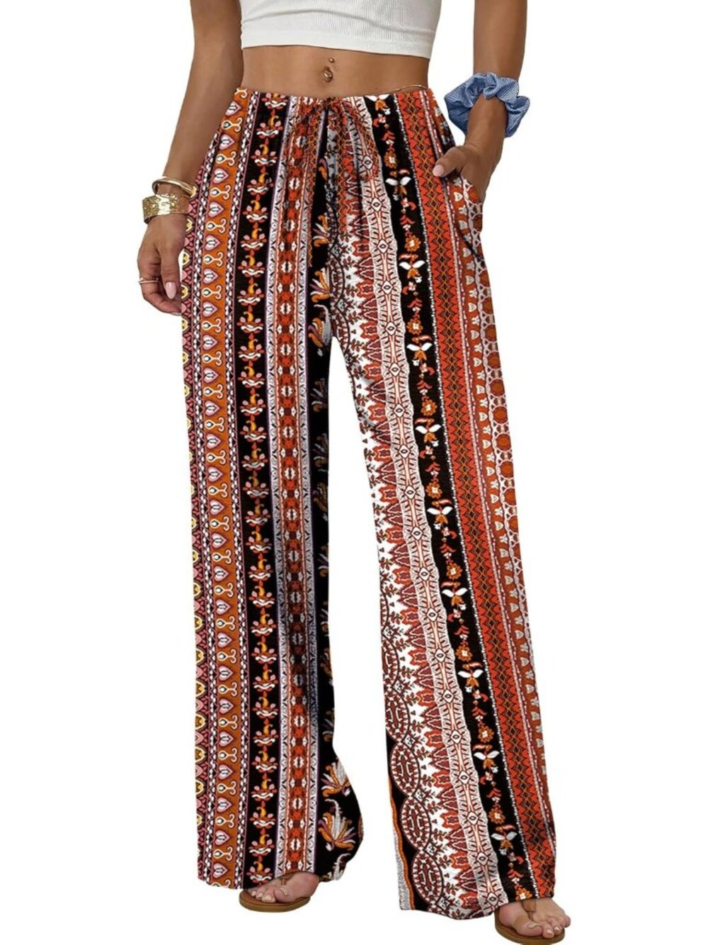 Women Pattern Boho Striped Flowy Palazzo Drawstring Elastic Waist Wide Leg Pants